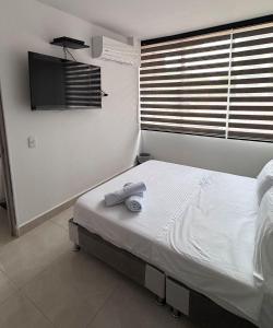 a bedroom with a bed and a flat screen tv at Extraordinario apartamento con BBQ in Ricaurte