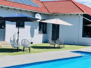two chairs and umbrellas next to a swimming pool at Alberta Bed and Breakfast in Pietermaritzburg