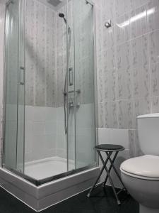 a bathroom with a shower with a toilet and a stool at Hostal Alonso No Limit Madrid in Madrid