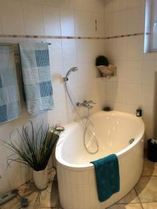 a bath tub with a shower in a bathroom at Bed & Breakfast Faas in Wittlich