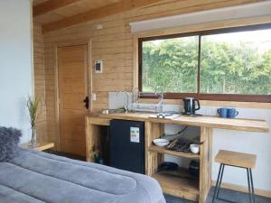 a kitchen with a counter and a window in a room at Vistaranco Apartamento in Lago Ranco