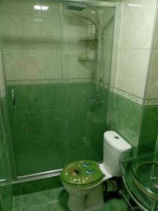 a bathroom with a toilet and a glass shower at Trade Centre View in Kočani +7 photos