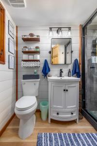 Un baño con inodoro, lavabo y espejo. en Tee & Ski Cabin, en Packwood 32 fotos más