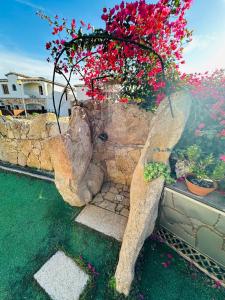 un sembrador lleno de flores rojas en una pared de piedra en Villa red bouganvillea, en Nuragheddu