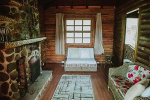 a living room with a fireplace in a log cabin at Pousada Peterle in Domingos Martins +57 photos