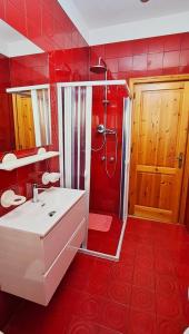 a red bathroom with a sink and a shower at Casa Verdi Telti in Telti