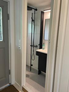 a bathroom with a shower and a sink at Beautiful Cottage by the Sea in Tysse +11 photos