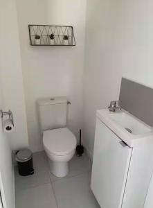 Grandchamp-des-FontainesにあるMaison 3 pièces - plain pied - 2 chambres lits Queen Size avec wifiのトイレと洗面台を備えた白いバスルーム +7枚の写真