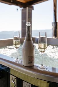 two glasses of white wine sitting on a table at Magia Muntelui in Rîmeţi