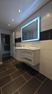 a bathroom with a sink and a large mirror at Ferienwohnung Wiesental in Kohlstetten