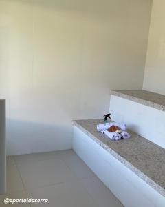 a stuffed animal sitting on a ledge in a white room at Hospedagem em Meio a Natureza em Aperibé in Aperibé