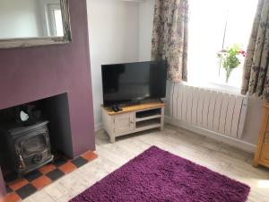 a living room with a television and a fireplace at Middle Cottage Alton Towers, Peak District, JCB in Croxden