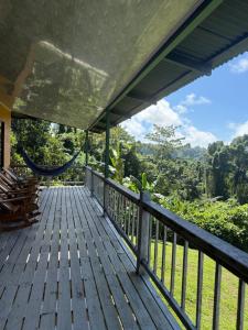 a deck with a hammock and a view of the forest at Villa Susan in San Pedrillo