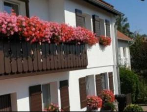 a white building with flowers on a balcony at Ferienwohnung Taube Hildesheim in Hildesheim