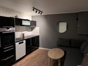 a small kitchen and living room with a couch and a table at E&E Apartment Senior in Svolvær