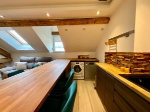 eine Küche mit Theke mit Waschmaschine und Trockner in der Unterkunft Appart de Robert, nid de luxe au centre-ville in Gérardmer