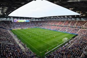an overhead view of a soccer stadium with a crowd at OTR King Bed Free Parking Gym Top Floor Club Room in Cincinnati