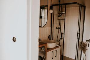 a bathroom with a sink and a washing machine at Kamienna Azyl - domek z sauną i balią w Sudetach in Kamienna