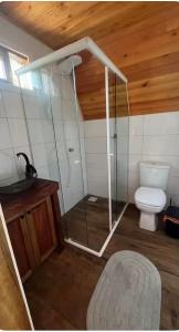 a bathroom with a shower and a toilet and a sink at Chalé Pôr do Sol 1 in Nova Veneza