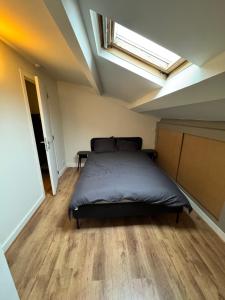 een slaapkamer met een bed in een kamer met een dakraam bij Grand Duplex avec 2 chambres in Charleroi