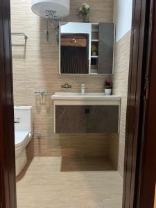 North LegonにあるFlintsky Residenceの洗面台、トイレ、鏡のあるバスルーム