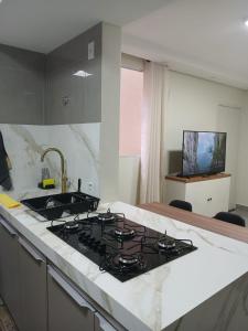 a kitchen with a stove and a counter top at Apartamento 2 quartos Ótima Localização in Uberlândia