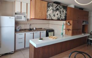 eine Küche mit Holzschränken und einem weißen Kühlschrank in der Unterkunft Apartapunta in Punta del Este + 4 Fotos