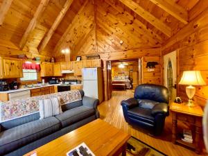 a living room with a couch and chairs in a cabin at Bearfoot in Townsend