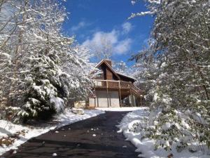 a log cabin in the snow with snow covered trees at Bearfoot in Townsend