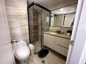 a small bathroom with a toilet and a shower at Cozy smart studio & home office in La Paz +13 photos