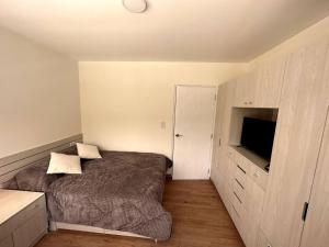 a bedroom with a bed and a flat screen tv at Cozy smart studio & home office in La Paz