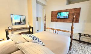 JayuyaJayuya Cozy Aparment with Wi-Fi, Free Parking and AC的一间卧室，墙上有一张床和一台电视
