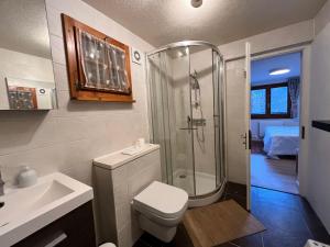 ein Badezimmer mit Dusche, Toilette und Waschbecken in der Unterkunft Chalet rénové à Samoëns - Calme et confort avec terrasse - FR-1-624-178 in Samoëns