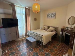 une chambre avec un lit et une télévision à écran plat dans l'établissement Grand F4 climatisé, terrasse, garage pour 8 personnes, centre-ville Amélie-les-Bains - FR-1-703-207, à Amélie-les-Bains-Palalda