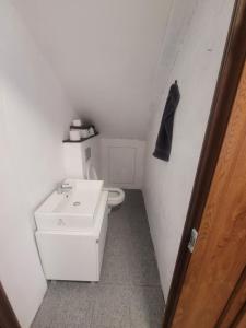 a small bathroom with a toilet and a sink at Vila Vati - Arena Pitesti in Piteşti