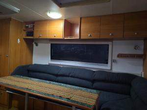 a living room with a couch and a large tv at Caravan at 36 Clarevale in Clayton North