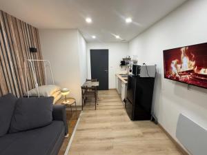 a living room with a couch and a kitchen at Studio Au Cloîtres in Mirecourt