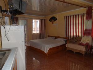 una camera con letto, frigorifero e divano di Son House Studio a Flic-en-Flac