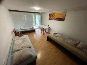 a room with two beds and a desk in it at ROOMS Vystaviste BVV in Brno