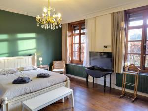 a bedroom with a bed with a television and a chandelier at Aubépine in Sains-du-Nord