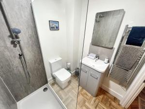 Un baño con ducha, inodoro y lavabo. en Merton Place, Southsea apartment with parking, en Southsea