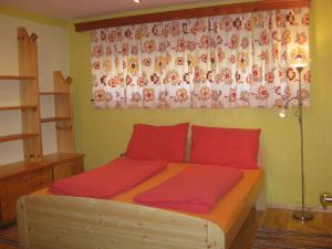 a bedroom with a bed with red pillows and a curtain at Villa Emilia in Kals am Großglockner