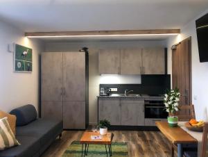 a living room with a couch and a kitchen at Boardinghaus Kastlmühle in Stelzhof