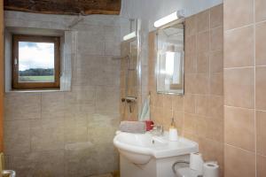 une salle de bain avec un lavabo, des toilettes et un miroir dans l'établissement Les hirondelles, à Saint-Maurice-de-Rotherens 15 autres photos