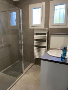 Les TailladesにあるLa Maison de Gari spacious house with swimming pool and beautiful exteriorのシャワーと洗面台付きのバスルーム +9枚の写真