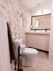 a bathroom with a white toilet and a sink at Domaine de la Tour de Pérès in Ayguetinte +25 photos