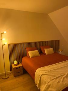 a bedroom with a large bed with orange sheets at Appartement - Cambrai in Cambrai