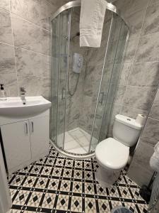 Un baño con ducha, inodoro y lavabo. en Carmen Sylva Llandudno G Floor Studio 2, en Llandudno