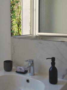 a bathroom sink with a black soap dispenser on it at Fanfrelin joli T3 centre ville in Angoulême