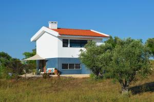 a white and blue house on a hill with a tree at Trendy casa de Ferias in Monte da Pedra Alva